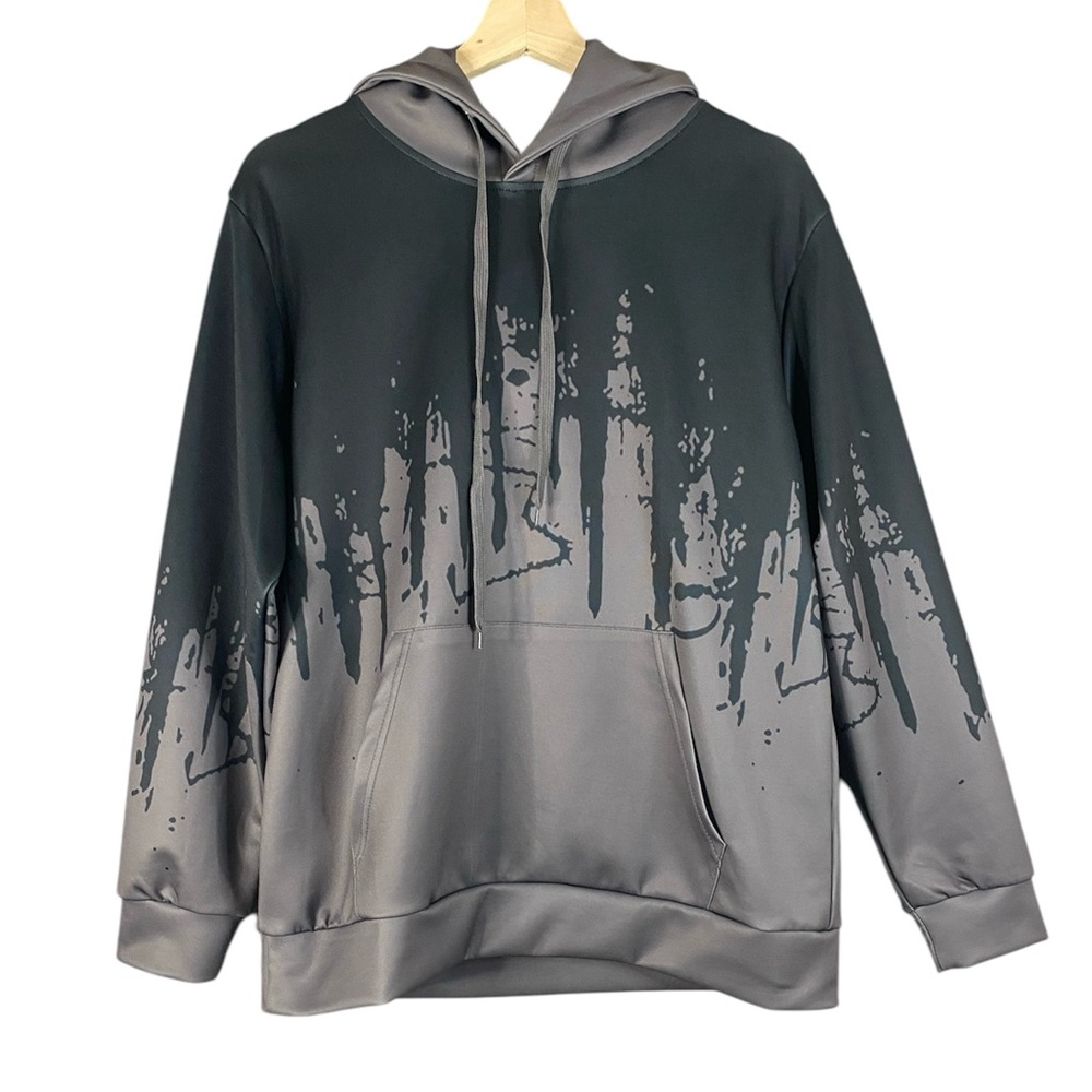 Men’s Longsleeve Gray & Black Graphic Pullover Hoodie Size Medium